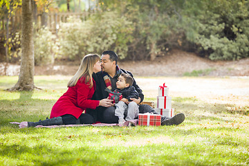 Image showing Mixed Race Family Enjoying Christmas Gifts in the Park Together