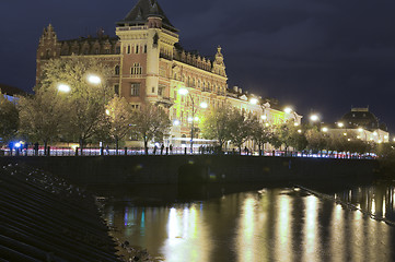 Image showing editorial traffic movement historic building on Vlatava River Pr