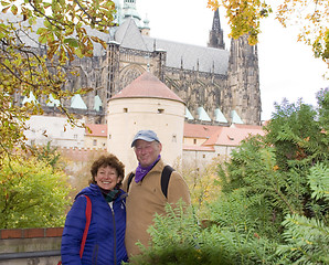 Image showing middle age senior smiling man woman tourist couple Castle Distri