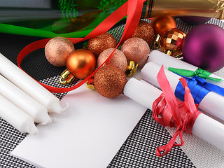 Image showing champagne bottle, new year card and christmas decoration