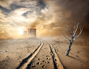 Image showing Industrial pipes in desert