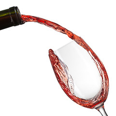 Image showing Red wine pouring into glass with splash isolated on white