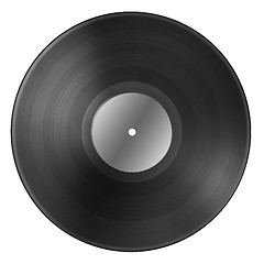 Image showing Black vinyl record disc with blank label isolated on white