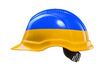 Image showing Blue and yellow hard hat isolated on white. National colors of U