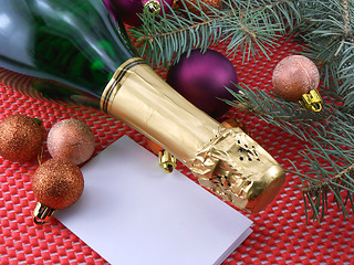 Image showing champagne bottle and christmas decoration, happy new year and merry christmas