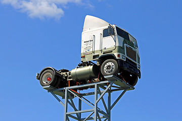 Image showing Vintage Freightliner Truck up against Blue Sky