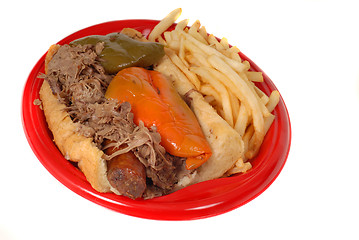 Image showing Italian beef and sausage combo with fries