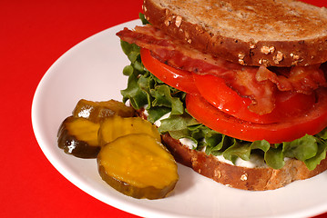 Image showing Closeup of a bacon, lettuce and tomato sandwich with pickles, re