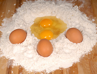 Image showing Ingredients for making homemade pasta including eggs and flour