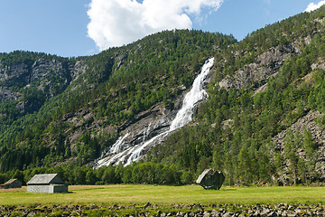 Image showing Norwegian landscape with mountain and waterfall