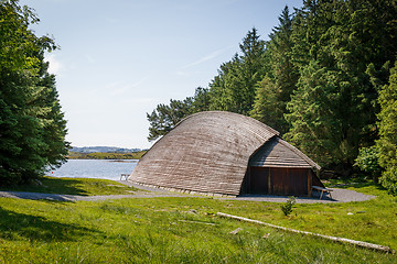 Image showing A viking longhouse on the coast of Norway