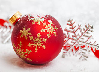 Image showing Christmas ball with red bow and ribbon