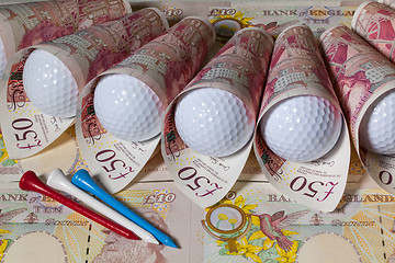 Image showing British pounds and golf balls 