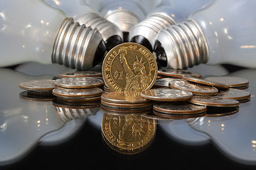 Image showing Wasteful bulbs and U.S.  dollar coins 