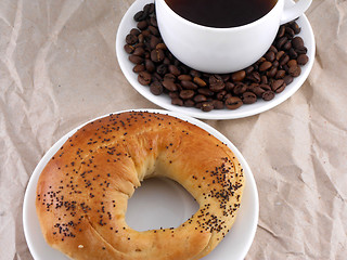 Image showing Coffee and coffee beans on white plate with sweet cake