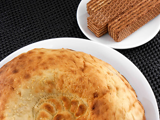 Image showing cake and waffle on white plate