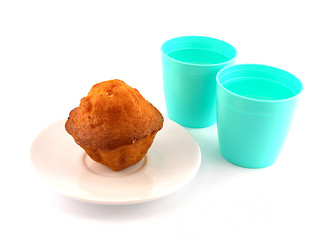 Image showing cup of coffee (tea) and cookies on plate isolated on white