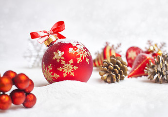 Image showing Christmas ball with red bow and ribbon