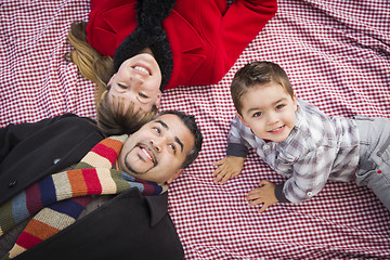 Image showing Family in Winter Clothing Laying on Their Backs in Park