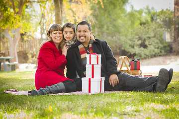 Image showing Mixed Race Family Enjoying Christmas Gifts in the Park Together