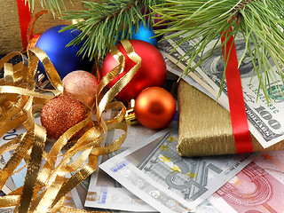 Image showing Decorated christmas tree with money, traditional new year holiday card