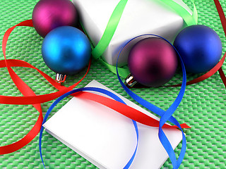 Image showing Christmas balls, white gift box and white invitation card