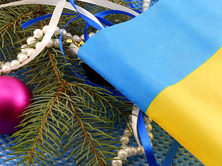 Image showing Ukraine flag with christmas decoration, new year card