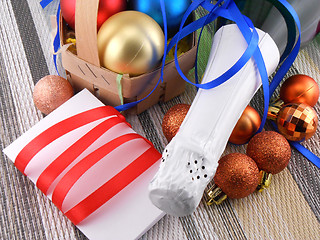 Image showing holiday concept: champagne and balls as a New Year decoration