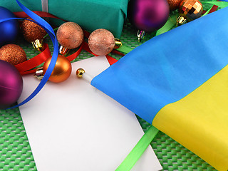 Image showing Ukraine flag with christmas decoration, new year card