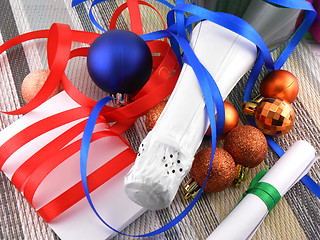 Image showing winter holiday concept: champagne and balls as a New Year decoration