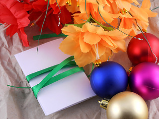 Image showing New year and christmas celebration, balls, flowers and invitation card