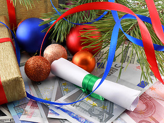 Image showing Decorated christmas tree with money, traditional new year holiday card