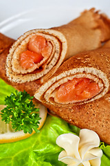 Image showing Pancakes with salmon