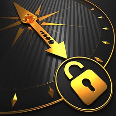 Image showing Golden Icon of Opened Padlock on Black Compass.