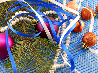 Image showing holiday concept: gifts, pearls, tree branch and christmas ball