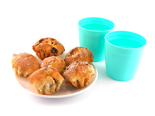 Image showing cup of coffee (tea) and cookies on plate isolated on white