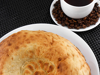 Image showing coffee cup and beans, sweet cakes