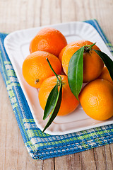 Image showing tangerines with leaves in plate