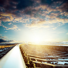 Image showing railroad close up to sunset