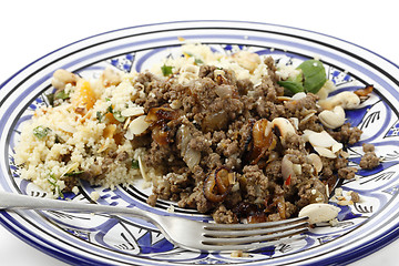 Image showing Plate of Moroccan style mince and couscous