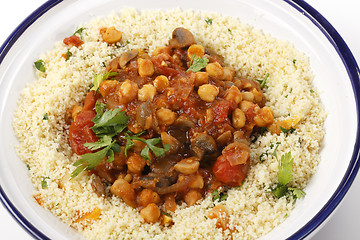 Image showing Chickpeas mushrooms tomato and couscous from above