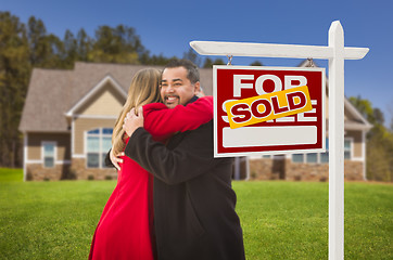 Image showing Mixed Race Couple, House, Sold Real Estate Sign