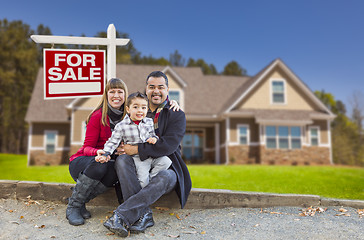 Image showing Mixed Race Family, Home, For Sale Real Estate Sign