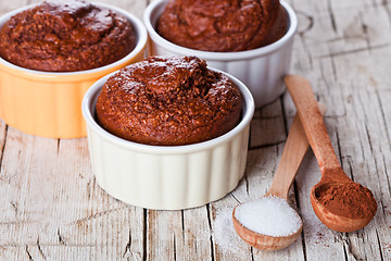 Image showing fresh baked browny cakes, sugar and cocoa powder
