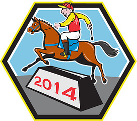 Image showing Year of Horse 2014 Jockey Jumping Cartoon