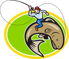 Image showing Fly Fisherman Riding Trout Fish Cartoon