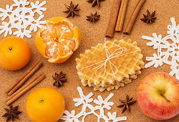 Image showing Christmas spices, fruits and waffles