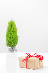 Image showing Gift with red ribbon and little green tree