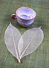 Image showing Pottery cup and leaves