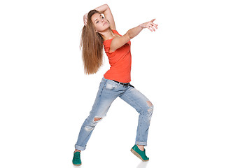 Image showing Jumping girl pointing to the side